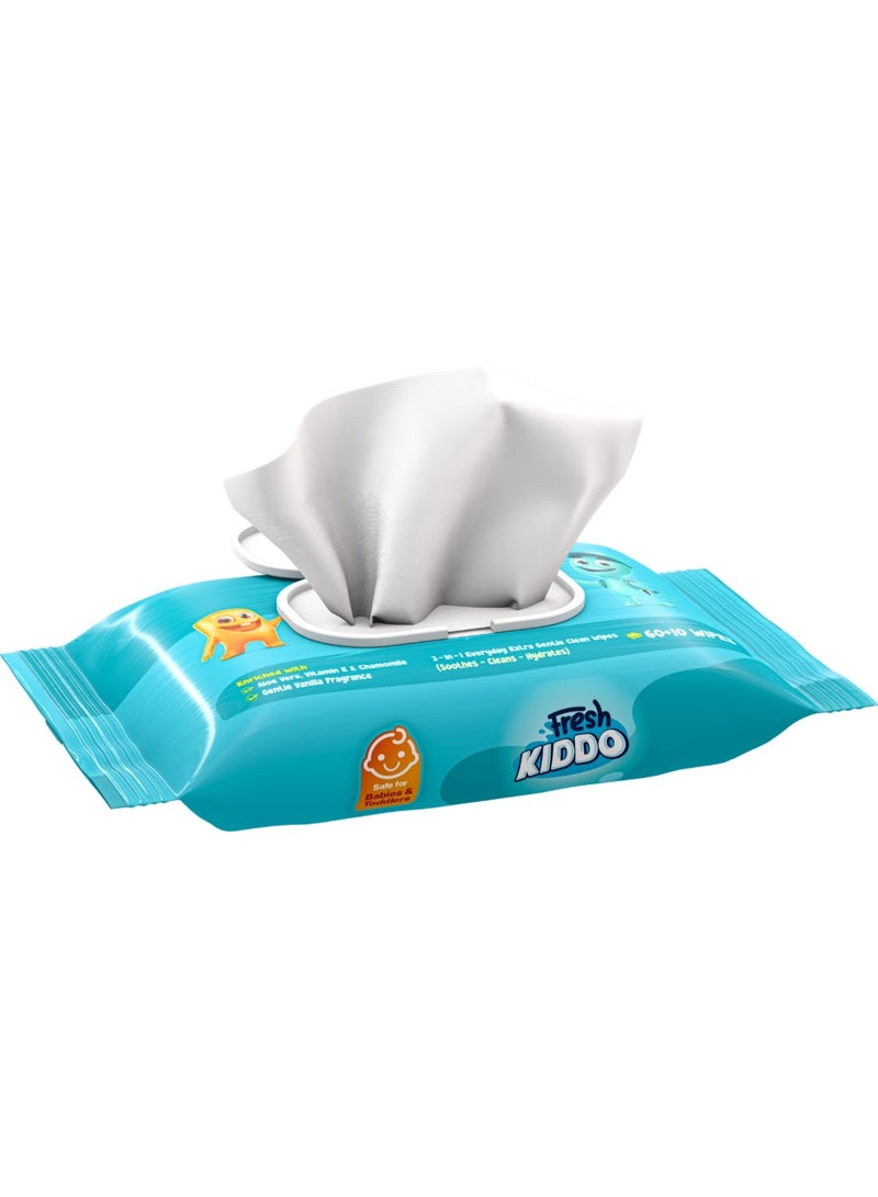 Fresh Kiddo Baby Wipes Ultra-Gentle & Moisturizing for Sensitive Skin with Aloe Vera, Vitamin E & Chamomile - 70 Pcs - Image 2